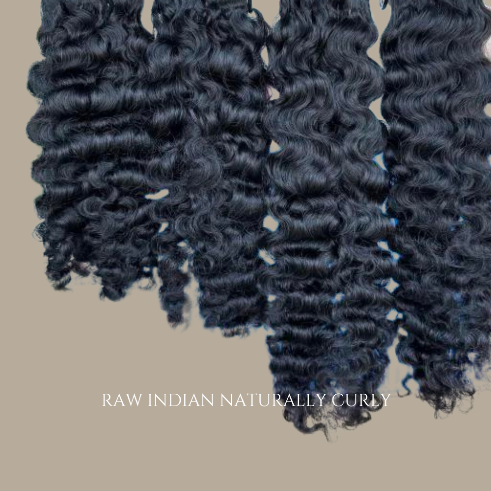 Flourish Beauty Indian Naturally Curly hair collection featuring 100% human hair bundles with defined curls, natural volume, softness, and luxurious texture.