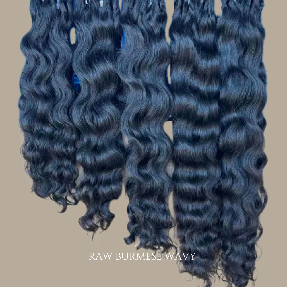 Flourish Beauty Raw Burmese Wavy hair bundles made from 100% raw human hair featuring natural soft waves, full volume, and luxurious silky texture.