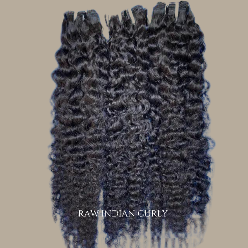 Flourish Beauty Raw Indian Curly Hair collection featuring 100% unprocessed raw human hair with defined natural curls, full volume, and luxurious texture.