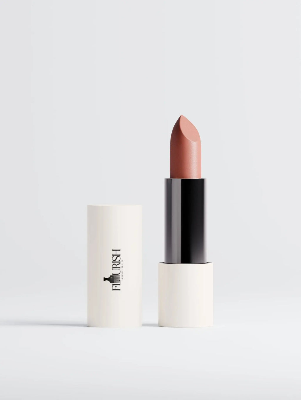 Luxury vegan matte lipstick with high-pigment colour and velvet satin finish in Terracotta Nude shade.