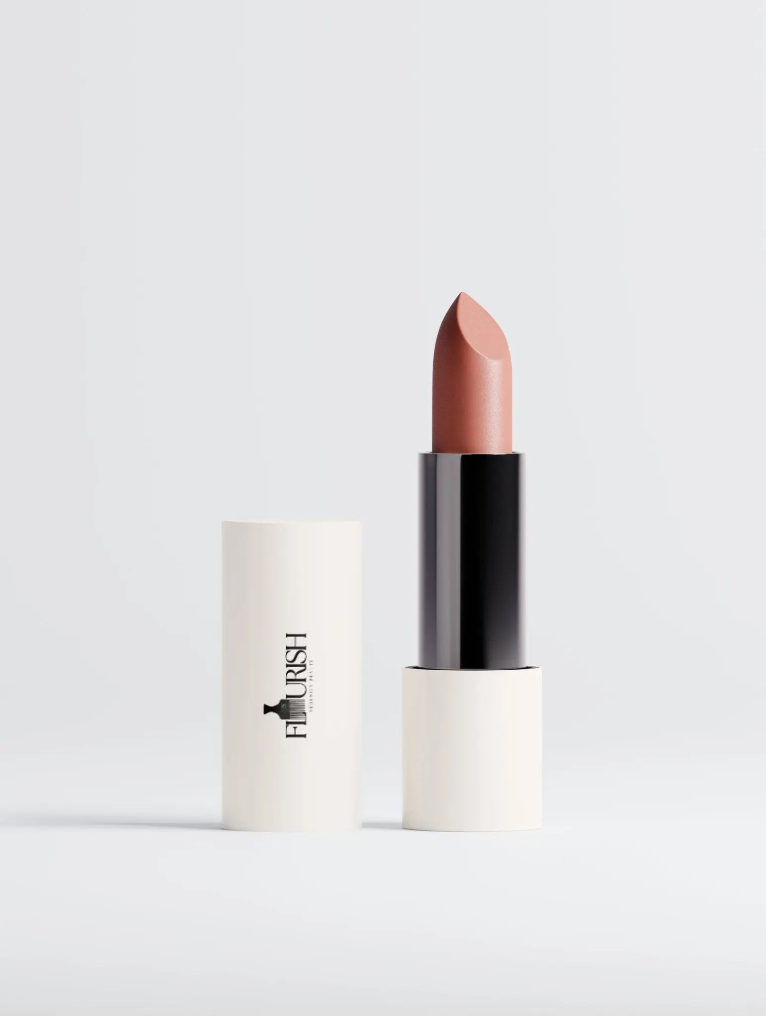 Luxury vegan matte lipstick with high-pigment colour and velvet satin finish in Terracotta Nude shade.