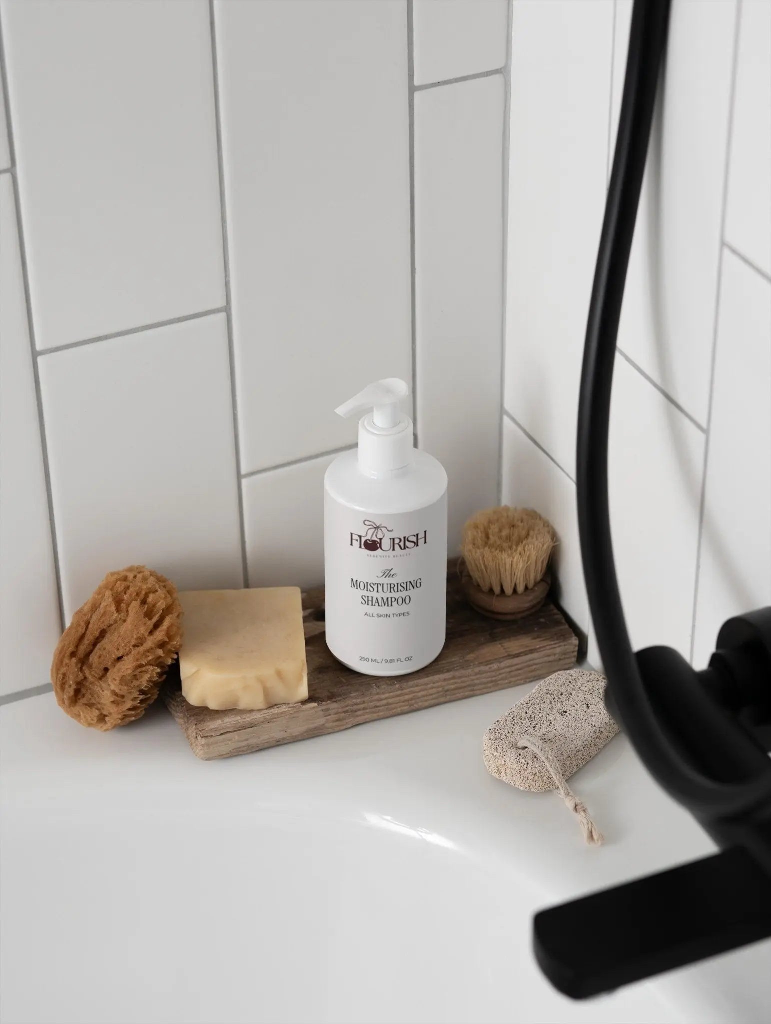 Aloe Vera shampoo bottle by Flourish by Serenity Beauty for smooth healthy hair